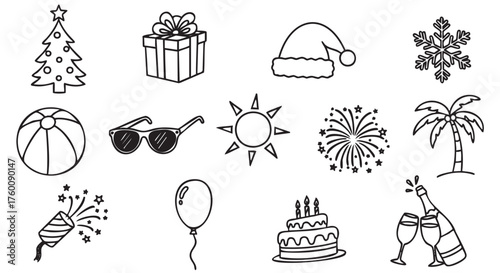 Various festive icons in black outline, including a christmas tree, present, santa hat, snowflake, and birthday cake, represent different celebrations.