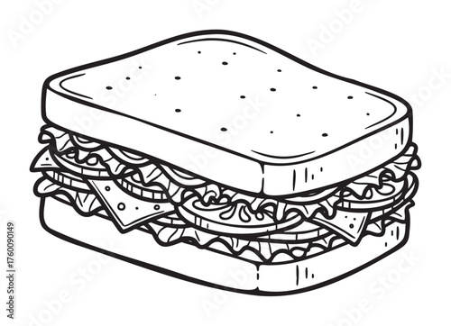 Black and white line drawing of a stacked sandwich with cheese, lettuce, and tomato between two slices of bread.