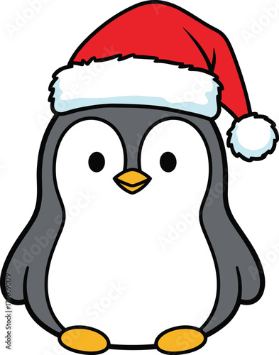 Adorable cartoon penguin wearing a festive red and white santa hat for christmas celebrations