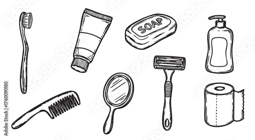 Hand-drawn black and white icon set featuring a toothbrush, toothpaste, soap, pump bottle, comb, mirror, razor, and toilet paper.