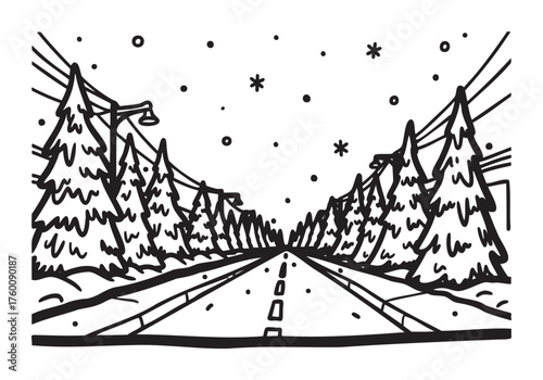 Snow-covered road lined with evergreen trees beneath a starlit sky, with streetlights and power lines on either side, creating a serene winter scene.