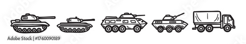 Black outline icons of military vehicles including tanks, armored cars, and a transport truck, illustrating various types of combat machinery.