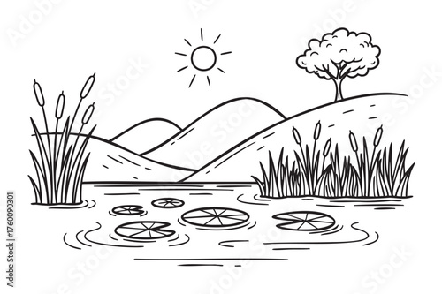 Black outline vector of a peaceful lakeside scene with water lilies, cattails, distant hills, a sun, and a lone tree under a clear sky.