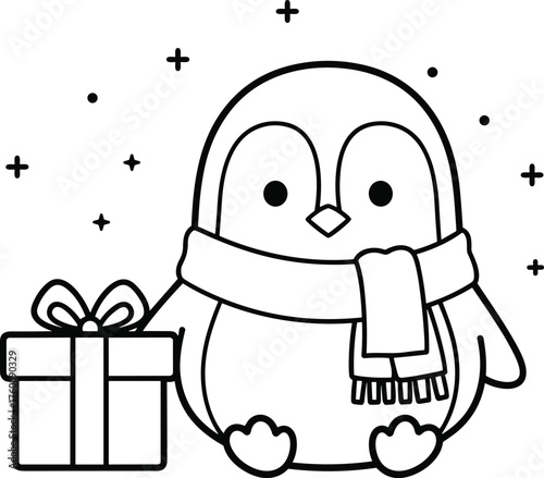Adorable cartoon penguin wearing a scarf holding a christmas gift box with festive sparkles