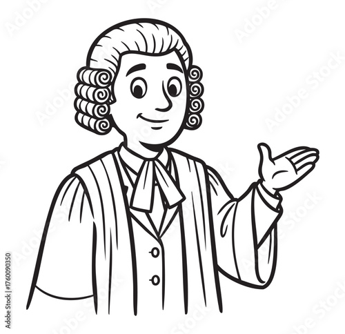 Black and white drawing of a historic judge in traditional attire, with a curled wig and robe, gesturing with one hand.