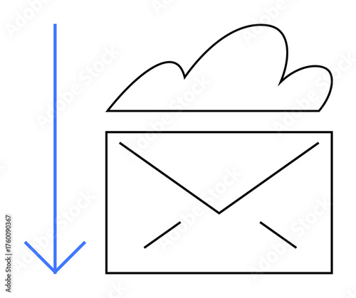 Envelope beneath a cloud with downward arrow, representing email download. Ideal for communication, cloud storage, data sharing, online services, networking, email minimal design. Simple flat