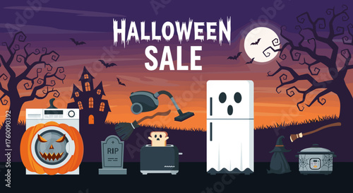 Halloween Sale banner with appliances disguised as spooky characters washer fridge toaster