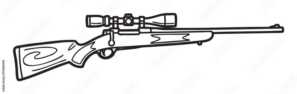 Naklejka premium Black outline drawing of a rifle with a detailed scope and wooden stock, illustrating a classic hunting firearm design.