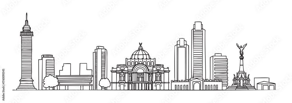 Obraz premium Detailed black outline illustration of the mexico city skyline featuring iconic landmarks and skyscrapers, including the angel of independence.