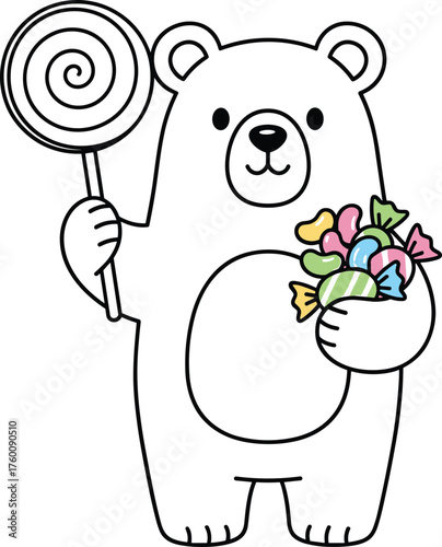 Adorable cartoon polar bear holding a swirl lollipop and a basket of colorful candies