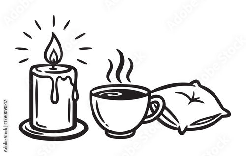 Black outline drawing of a lit candle, steaming cup of hot beverage, and soft cushion, symbolizing warmth and coziness.