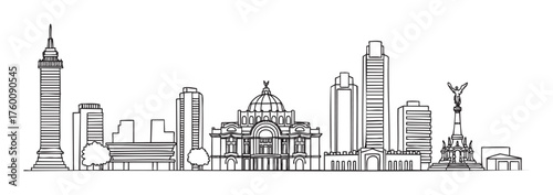 Detailed black outline illustration of the mexico city skyline featuring iconic landmarks and skyscrapers, including the angel of independence.