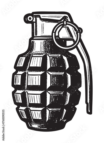 Black outline drawing of a classic hand grenade with a prominent pin and textured surface, suitable for military and weaponry themes.
