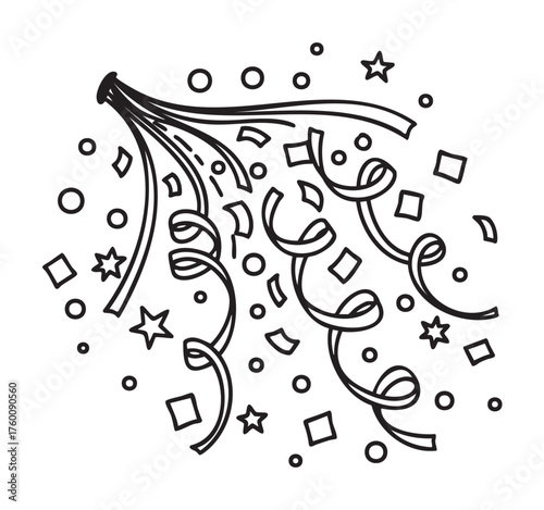 Black outline drawing of a bursting confetti popper with streamers, stars, and geometric shapes, symbolizing celebration and joy.