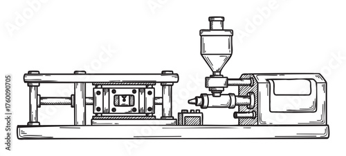 Black and white detailed sketch of an industrial injection molding machine with a hopper feeder, screw, and mold component layout.