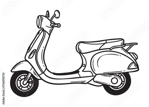 Black outline vector image of a vintage style scooter with detailed elements such as handlebars and wheels, representing retro transportation design.