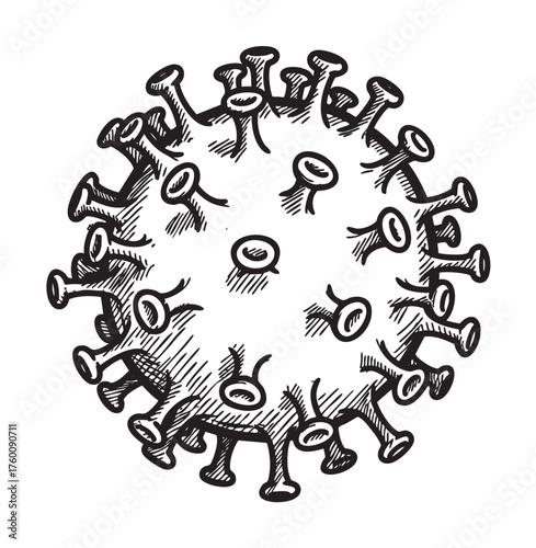 Hand-drawn black and white illustration of a detailed coronavirus cell with spike proteins extending from a spherical body.