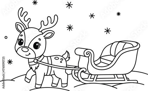 Adorable cartoon reindeer pulling a sleigh through falling snowflakes illustration
