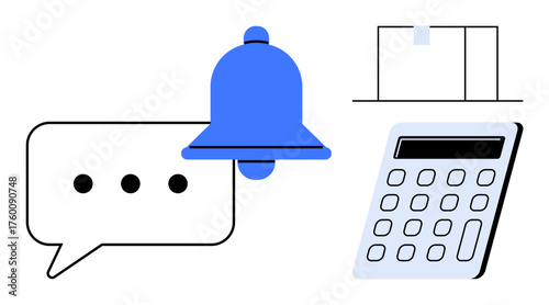 Notification bell and speech bubble for communication, open box for delivery, calculator for finance. Ideal for messaging, alerts, logistics, planning, education office tools tech. Simple flat