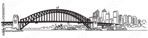 Black outline vector drawing of the sydney harbour bridge with surrounding cityscape, featuring the iconic opera house.