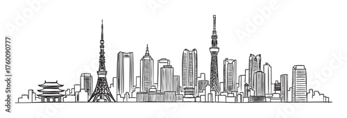 Black outline drawing of a city skyline featuring iconic towers and modern skyscrapers, representing urban architecture and culture.