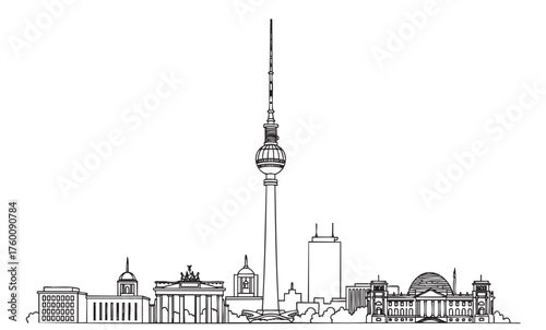 Black and white outline drawing of berlin's skyline featuring the tv tower, brandenburg gate, and reichstag.