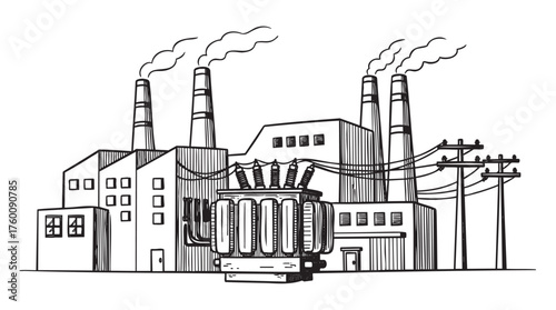 Black and white drawing of an industrial power plant with multiple smokestacks, electrical transformers, and power lines.