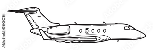 Black outline drawing of a private jet airplane displaying detailed features, such as windows, wings, and engines.