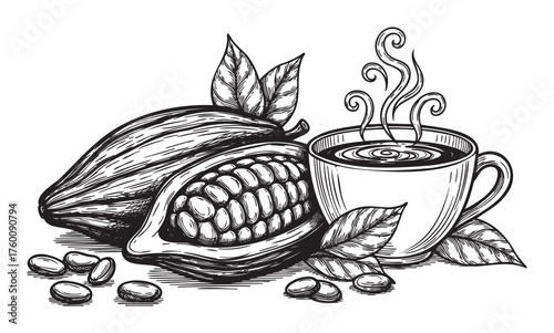Black and white sketch of a steaming coffee cup alongside split cocoa pods with beans and leaves.