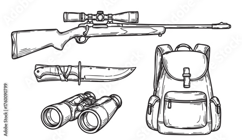 Black and white sketch of a hunting rifle, tactical knife, binoculars, and a backpack, depicting essential outdoor and adventure gear.