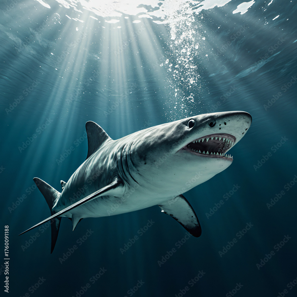 Fototapeta premium Great white shark swimming underwater. Photorealistic marine life