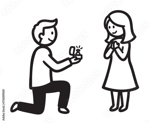 Black and white line drawing of a man proposing marriage on one knee with an engagement ring, while a woman smiles and holds her hands together, expressing surprise and joy.