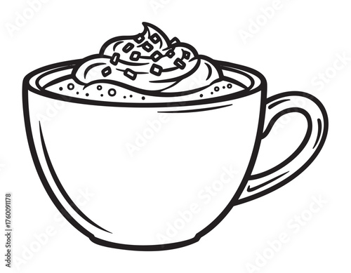 Black outline drawing of a coffee cup filled with whipped cream and sprinkled toppings, ideal for caffeine and dessert concepts.