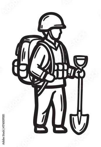 Black outline illustration of a male soldier in uniform holding a shovel, wearing a helmet and a backpack, ready for deployment or assignment.