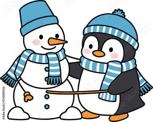 Adorable cartoon snowman and penguin friends wearing matching blue winter hats and scarves