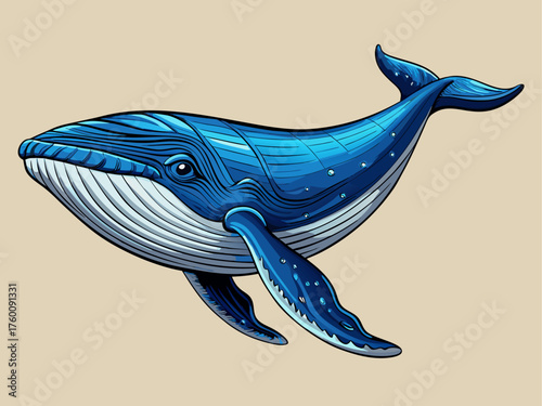 Realistic vector illustration of blue whale swimming gracefully, detailed texture, large body, isolated on light ocean background, marine wildlife art