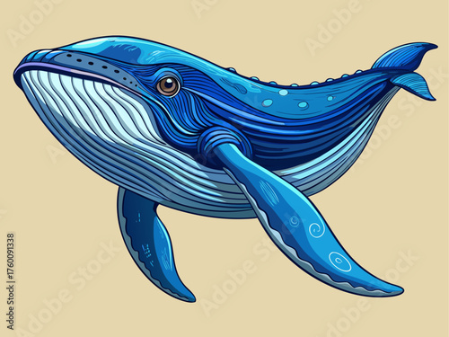 Realistic vector illustration of blue whale swimming gracefully, detailed texture, large body, isolated on light ocean background, marine wildlife art