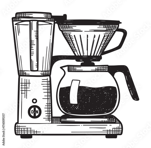 Hand-drawn black and white sketch of a coffee maker with a carafe, illustrating a classic kitchen appliance for brewing coffee.