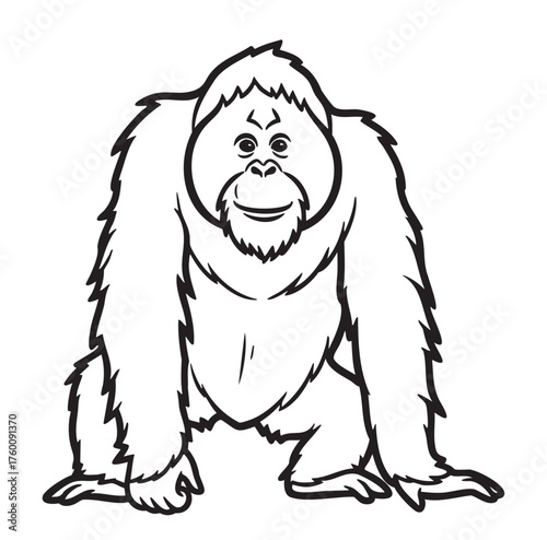 Black outline drawing of a smiling orangutan in a seated position, showcasing its natural fur details.