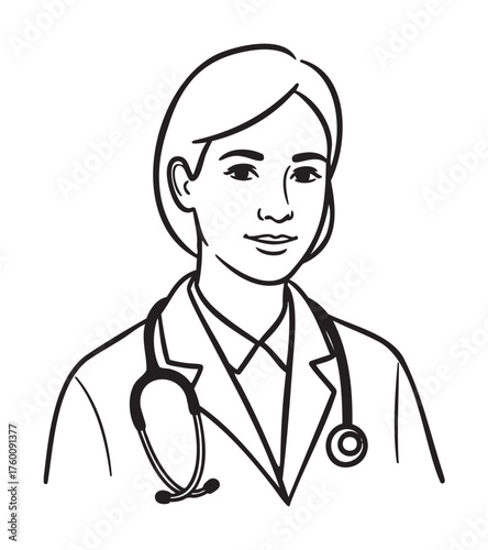 Black outline vector drawing of a female doctor with a stethoscope and short hair, depicted in a simple and professional style.