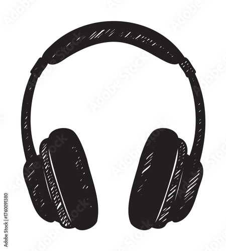 Black outline drawing of over-ear headphones with cushioned ear pads and adjustable headband. classic and vintage design suitable for audio and music concepts.