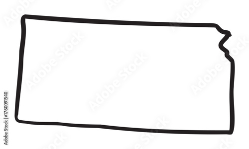 Black outline of the state of kansas, showing its distinctive rectangular shape with a jagged eastern border.