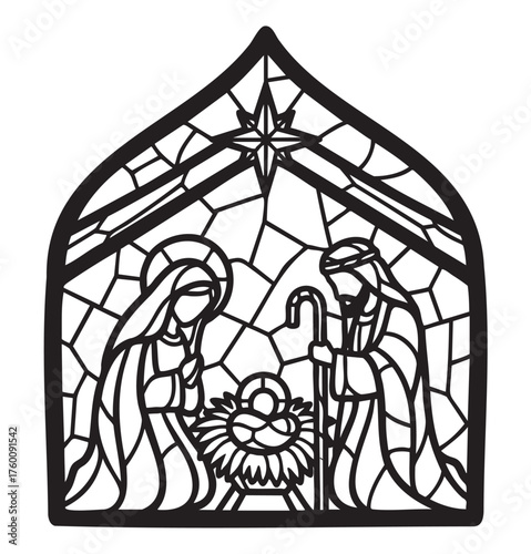 Black outline of a stained glass nativity scene depicting mary, joseph, and baby jesus under a starry roof.
