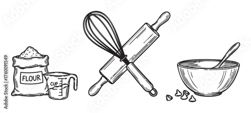 Hand-drawn black and white illustration of baking tools including a bag of flour, measuring cup, whisk, rolling pin, and mixing bowl with spoon and chocolate chips.