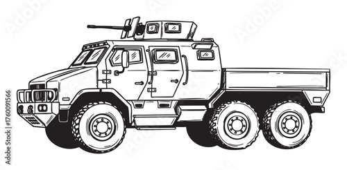 Black and white illustration of a six-wheeled armored military vehicle with a mounted weapon turret on the roof.
