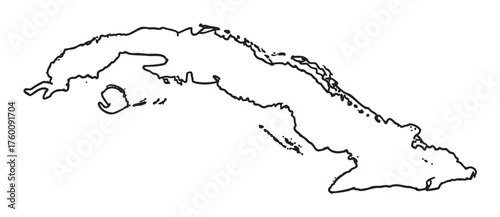 Black outline vector drawing of the geographical shape of cuba, featuring its coastal contours and landmass details.