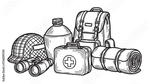 Black and white sketch of camping and adventure gear, including a backpack, first aid kit, helmet, water bottle, binoculars, and sleeping bag.