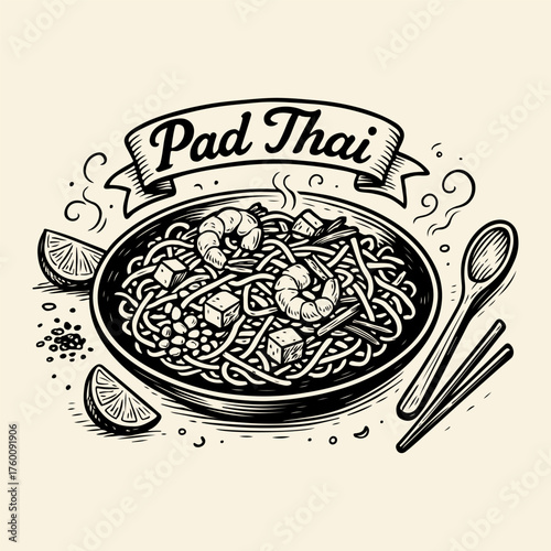 Hand-drawn black and white illustration of a steaming bowl of Pad Thai with shrimp, tofu, and lime.