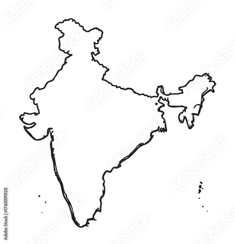 Hand-drawn outline of india's geographical borders, including major land masses and islands, depicted in a simple black line style.