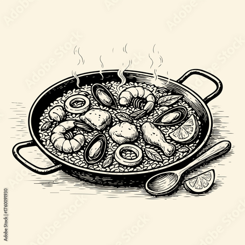 A vintage, hand-drawn illustration of a steaming Spanish seafood paella in a traditional pan.